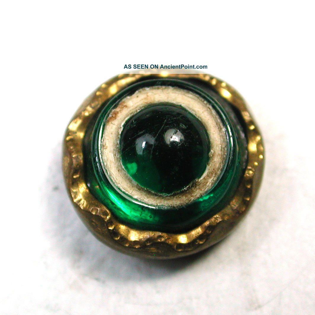 Antique Glass In Metal Button Green Bullseye In Brass Border Buttons photo