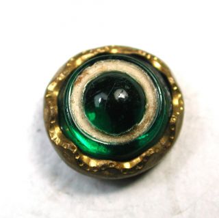 Antique Glass In Metal Button Green Bullseye In Brass Border photo