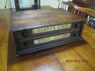 Antique Chestnut 2 Drawer Clarks Ont Country Store Spool Cabinet Thread Display photo