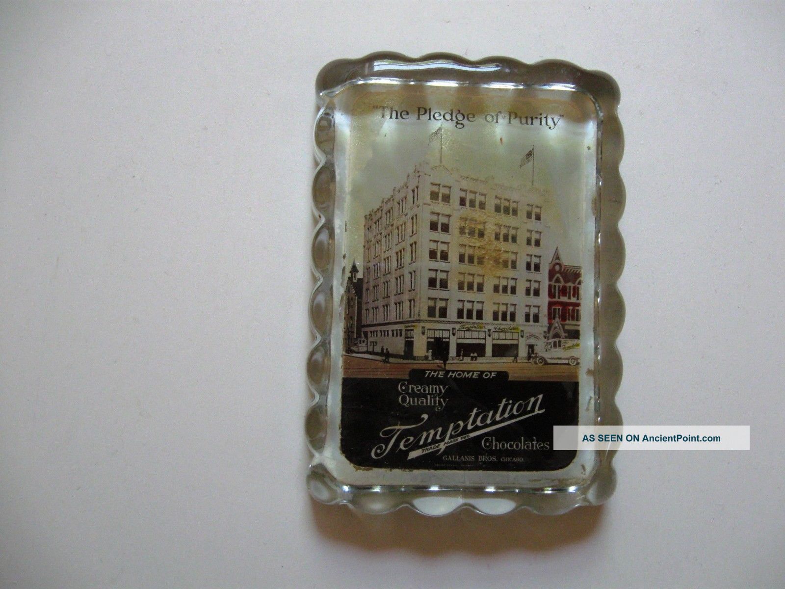 Very Good Cond.  Glass Paperweight,  Temptation Chocolates Co,  Chicago Other Mercantile Antiques photo