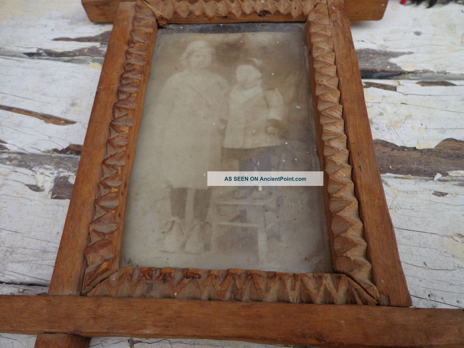 Old Primitive Wooden Hand Carved Frame W/ Picture 1800s Primitives photo
