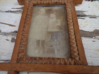 Old Primitive Wooden Hand Carved Frame W/ Picture 1800s photo
