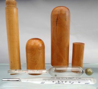Rare Antique Victorian 19c Medical Glass Vets Thermometers & Turned Wood Cases photo