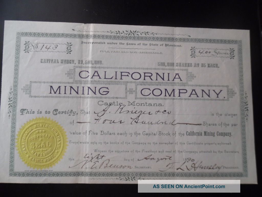 1890 California Mining Company Of Castle Montana Stock Certificate Gold Silver Mining photo