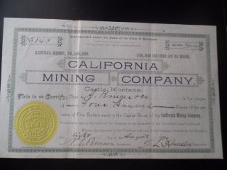 1890 California Mining Company Of Castle Montana Stock Certificate Gold Silver photo
