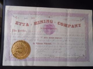 1890 Etta Mining Company Of Castle Montana Antique Gold Mining Stock Certificate photo