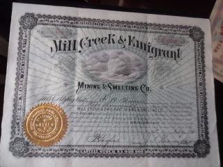 1891 Mill Creek & Emigrant Mining & Smelting Company Stock Certificate Montana photo