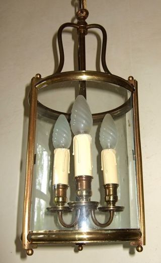 Large Antique French Regency Round Glass & Brass 3 Light Lantern Chandelier photo