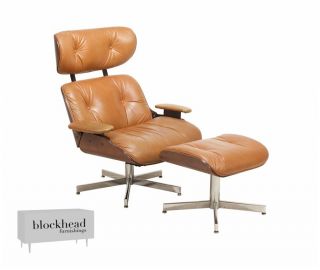 Mid Century Modern Leather Eames Lounge Chair W/ Ottoman Accent Plycraft Camel photo