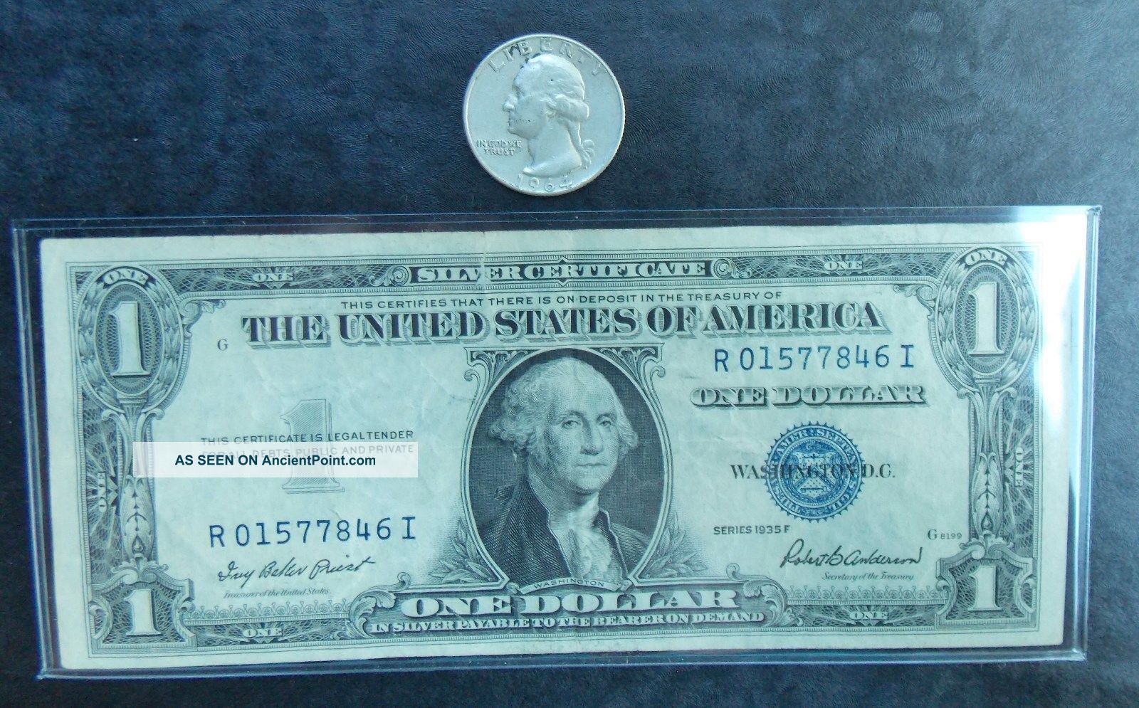 1935 F One Dollar Silver Certificate Note - Circulated &1964 Washington Quarter The Americas photo