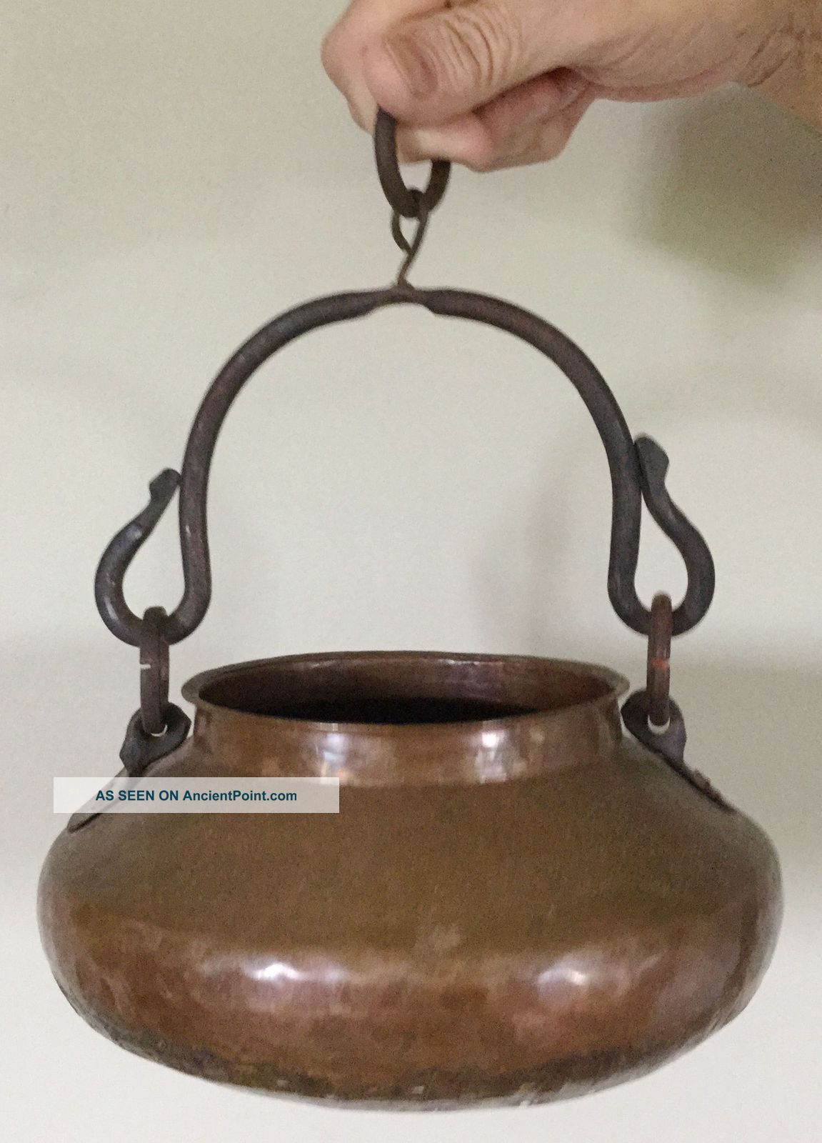 Primitive Hammered Copper & Forged Iron Fireplace Pot Dovetailed Planter Bowl Metalware photo