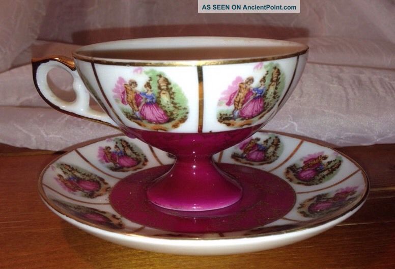 Beautifl Burgundy & Gold,  Victorian Courting Couple Japan Tea Cup And Saucer Cups & Saucers photo