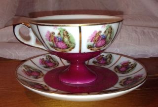 Beautifl Burgundy & Gold,  Victorian Courting Couple Japan Tea Cup And Saucer photo