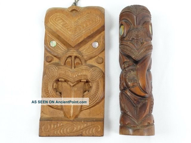 2 Older Maori Wood Carvings Zealand Rotorua Nz Tiki Mop Inlay Pacific Islands & Oceania photo