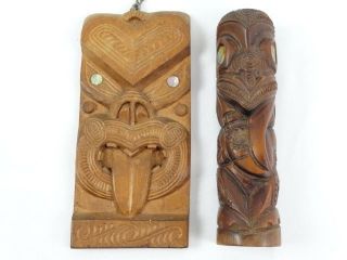 2 Older Maori Wood Carvings Zealand Rotorua Nz Tiki Mop Inlay photo