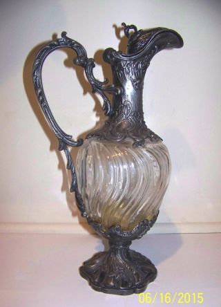 Art Nouveau Pewter & Glass Claret Pitcher Carafe Decanter French? Wmf? 13 