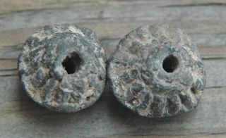 Two (2) Ancient Pre - Columbian Spindle Whorl Beads Hand Etched Peru 600 Ad photo