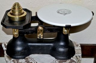 Vintage Banfield Ltd England Kitchen Scales Porcelain Tray & 7 Brass Weights photo