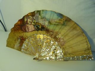 Rare Antique French Mother Of Pearl Hand Painted Signed 1920 Hand Fan photo