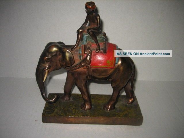Pompeian Armour Bronze Sculpture Elephant With Indian Rider W Tusks Metalware photo