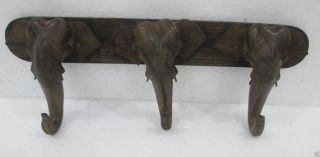 Antique Old Rare Hand Carved Wooden Elephant Bust Shaped Wall Hanger photo