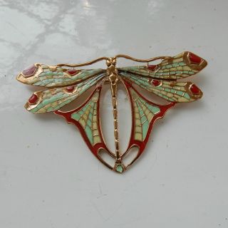 Art Nouveau Brass & Enameled Butterfly Brooch photo