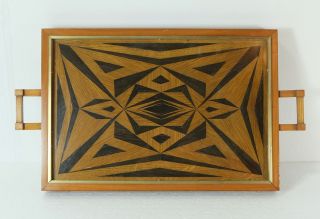 Art Deco Serving Tray With Geometric Marquetry Wood Glass And Brass Bauhaus Era photo