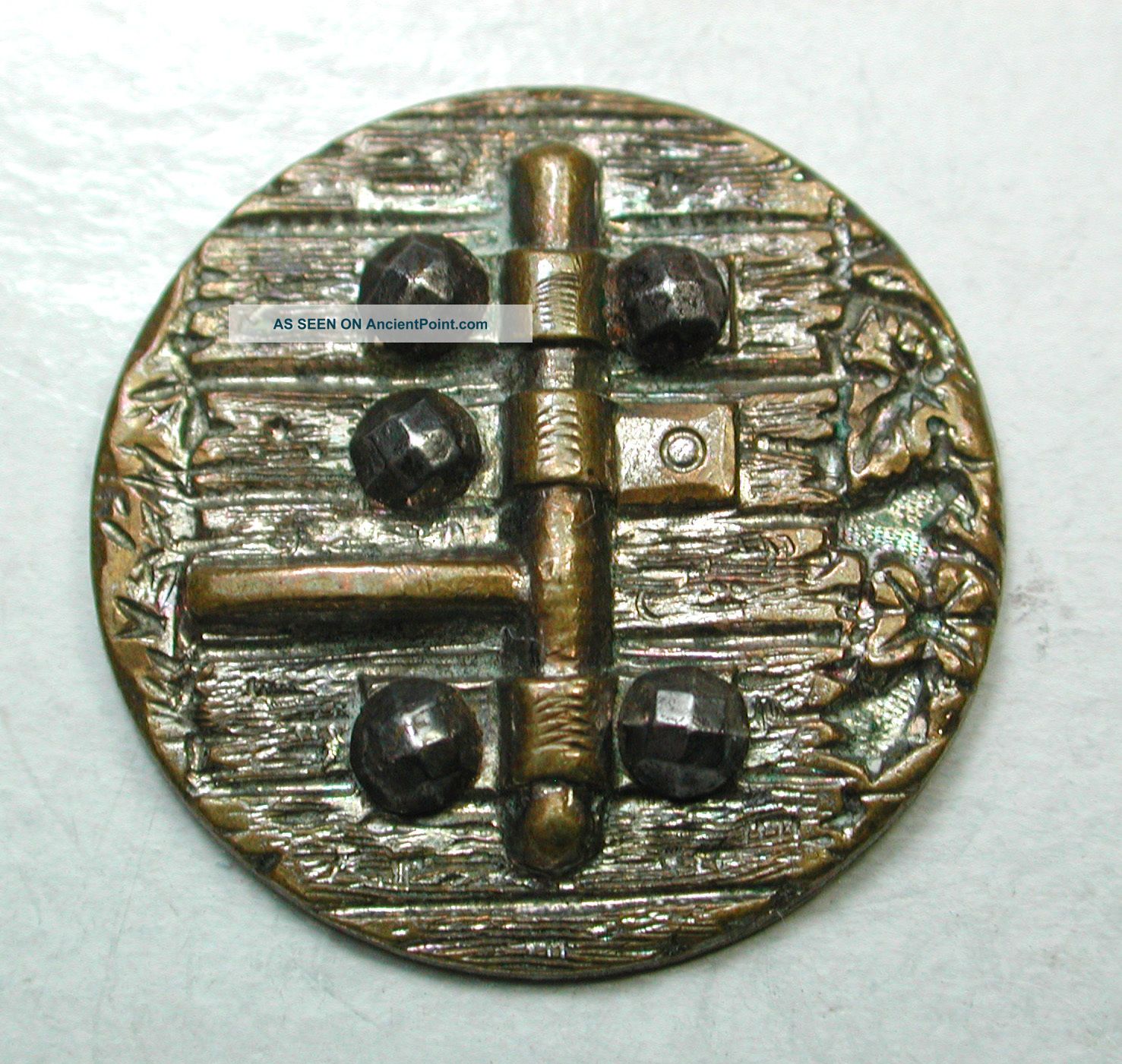 Antique Brass Button Hinge On Wood Grain W/ Cut Steel Accents Buttons photo