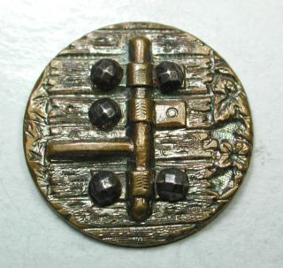 Antique Brass Button Hinge On Wood Grain W/ Cut Steel Accents photo