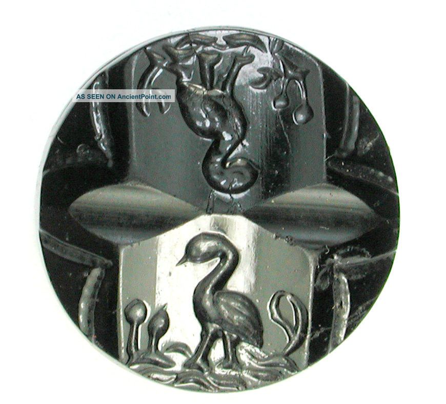 Antique Black Glass Buttons Mirror Image Bird In Marsh Design Buttons photo