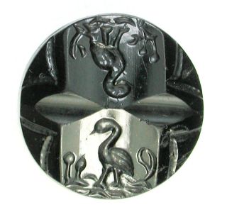 Antique Black Glass Buttons Mirror Image Bird In Marsh Design photo