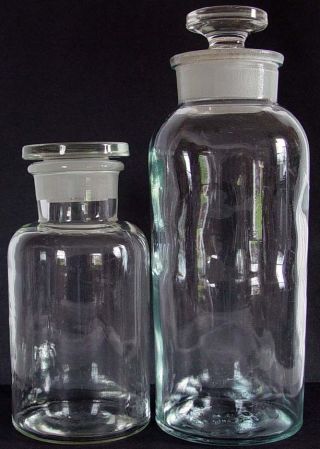 2 Antique Cylinder Thick Pharmacy Apothecary Glass Bottles,  Chemicals W/stoppers photo