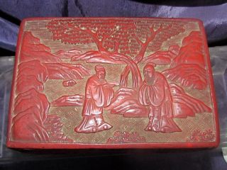 Antique Vintage Chinese Carved Cinnabar Box Men Trees Mountains Flowers &,  China photo