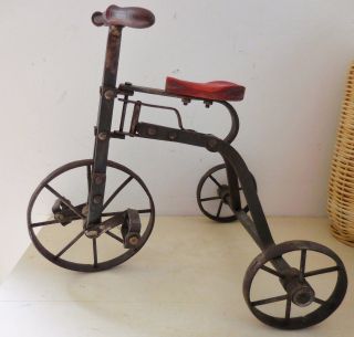 Primitive Antique Vintage Style Metal Tricycle W Wood Seat And Handles Bear Doll photo