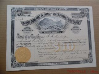 1892 Cumberland Mining & Smelting Company Castle Montana Stock Certificate Gold photo