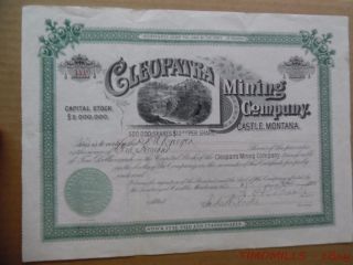 1890 Cleopatra Mining Company Castle Montana Stock Certificate Gold Silver Mine photo