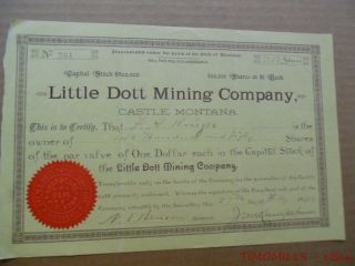 1892 Little Dott Mining Co Castle Montana Antique Gold Mining Stock Certificate photo
