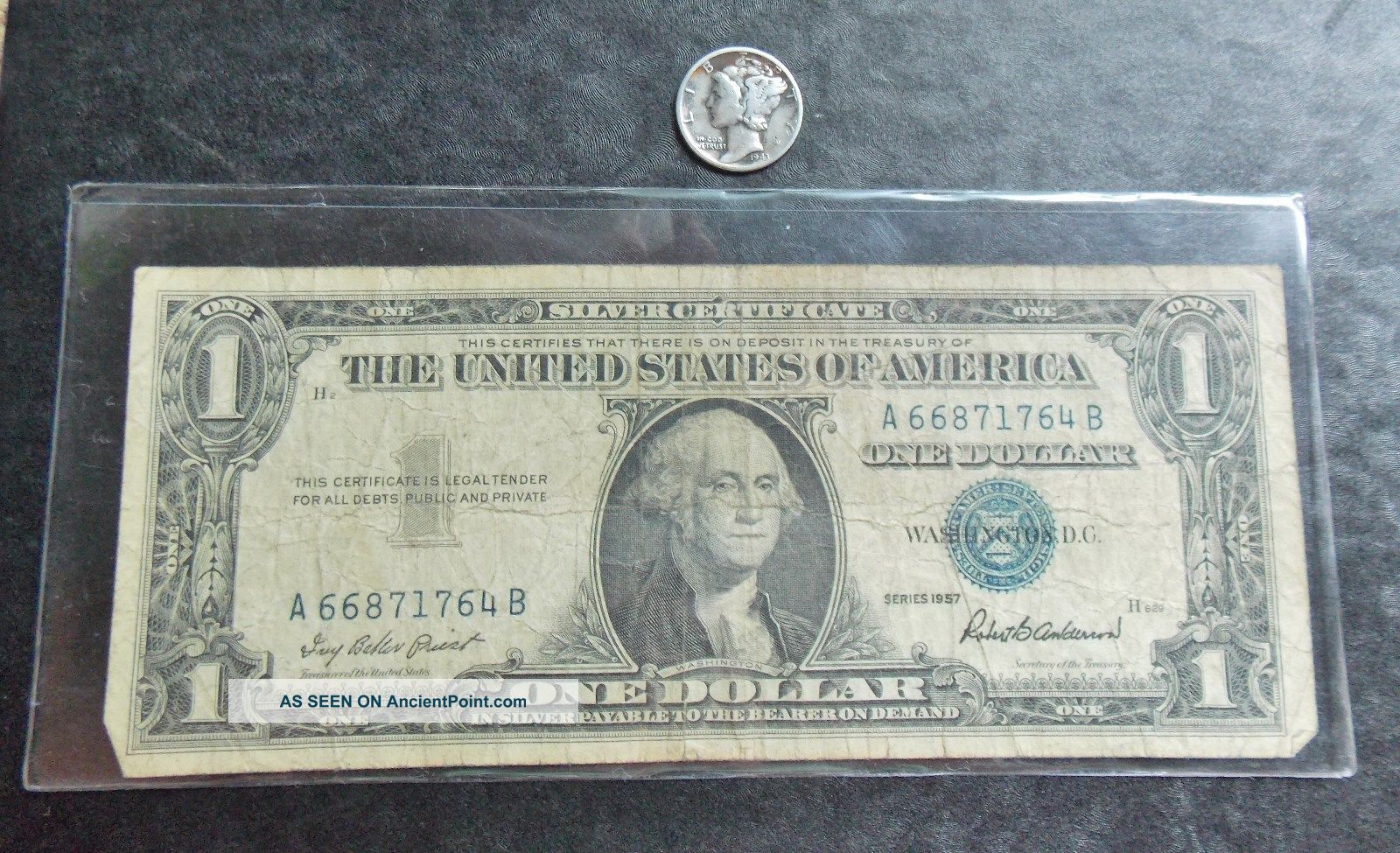1957 One Dollar Silver Certificate Note - Circulated &1943 Silver Mercury Dime The Americas photo