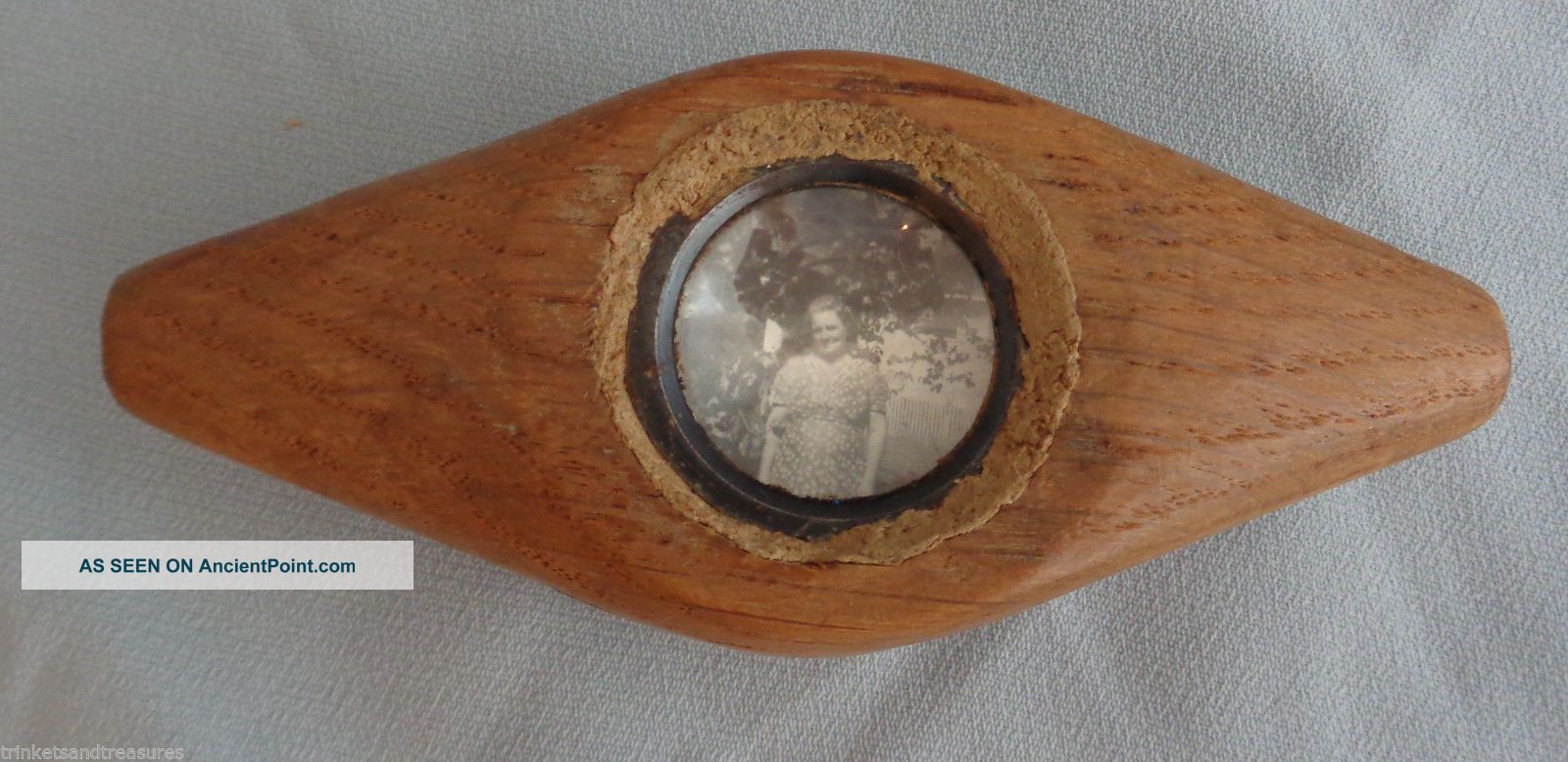 Antique Folk Art Paperweight Hand Carved Wood W/ Double Sided Domed Photo Primitives photo