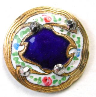 Antique French Enamel Button Cobalt Medallion Hand Painted Flowers & Cut Steel photo