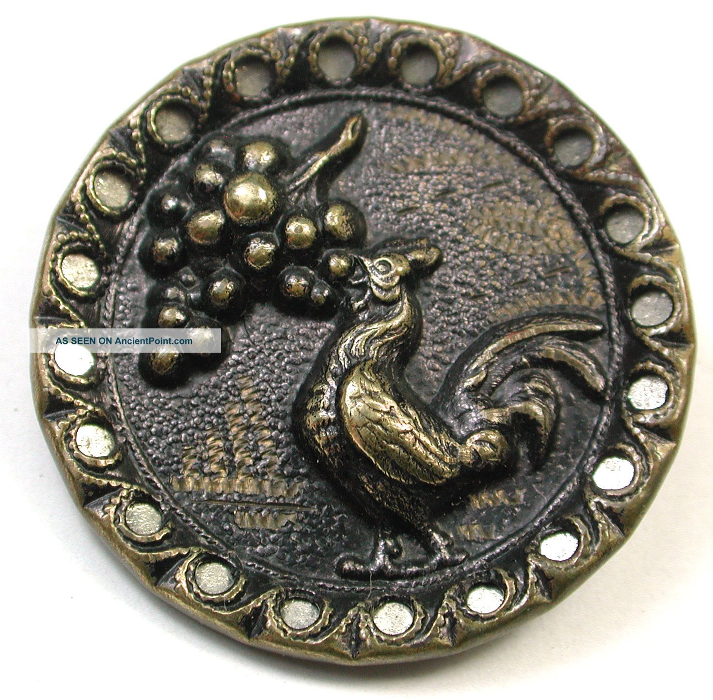 Lg Sz Antique Brass Button Rooster Eating Grapes W Cut Out Border Buttons photo