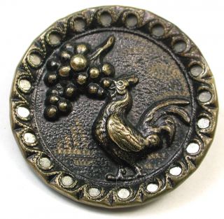 Lg Sz Antique Brass Button Rooster Eating Grapes W Cut Out Border photo