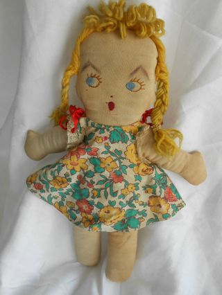 Primitive Hand Made Double Faced Rag Doll With Feed Bag Dress,  Vintage 1940 photo