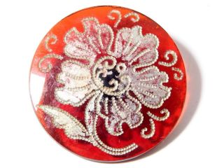 (1) 27mm Antique Czech Art Nouveau Silver Gilt Inlaid Amber Floral Glass Button photo