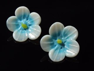(2) Antique Venetian Micro Lampwork Realistic Flower Blue White Glass Buttons photo