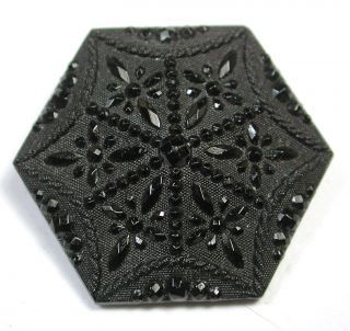 Antique Black Glass Button Fancy Hexagon Floral Design photo