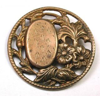 Antique Pierced Brass Button Floral Design W/ Oval Plaque photo