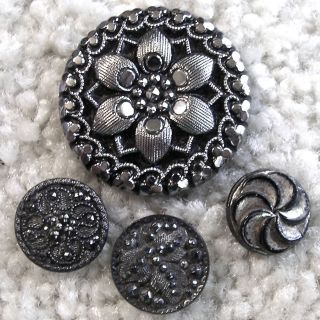 4 Stunning Antique Black Glass Buttons With Glittering Silver Luster photo