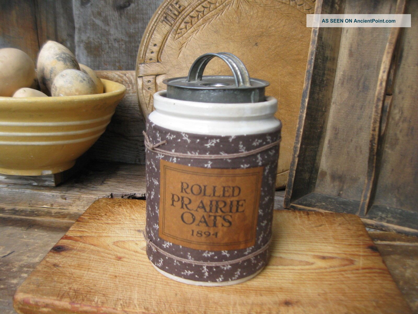 Small Antique Crock W Tin Lid Prairie Oats Primitives photo