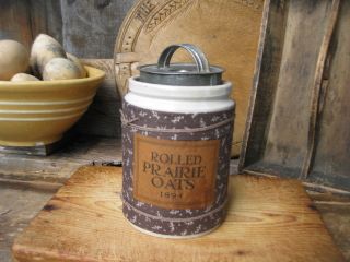 Small Antique Crock W Tin Lid Prairie Oats photo